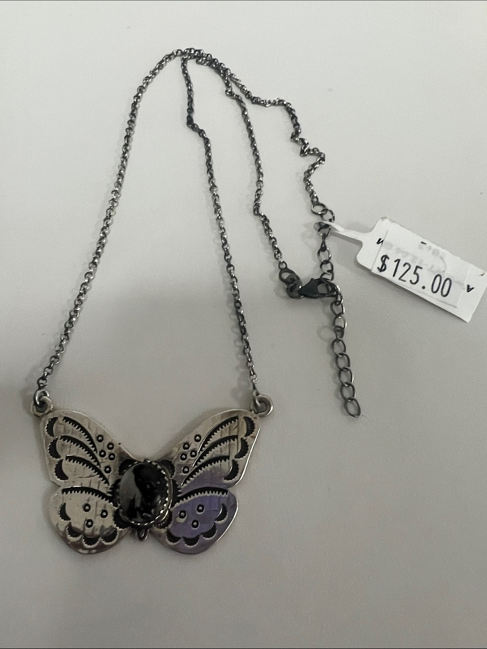 Sterling Silver Butterfly Pendant Necklace with White Buffalo Stone - Picture 4 of 7